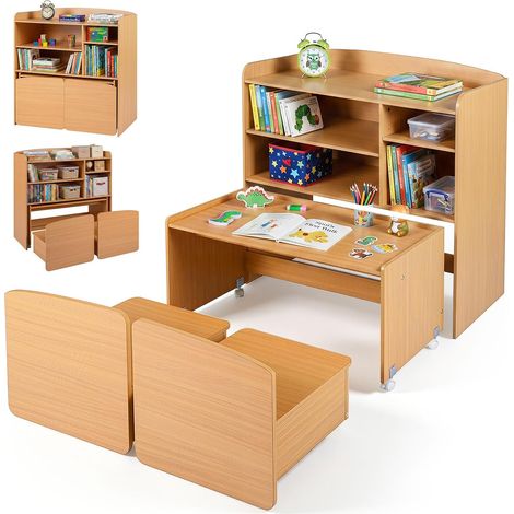 COSTWAY Table Enfant avec 2 Chaises Mobiles et Bibliothèque (Naturel) (1/5)