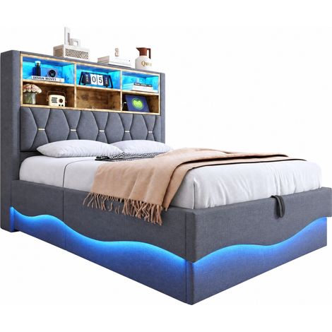 CHICFURN Lit coffre rembourre gris avec eclairage LED rangement et port USB 140 x 200 (1/5)