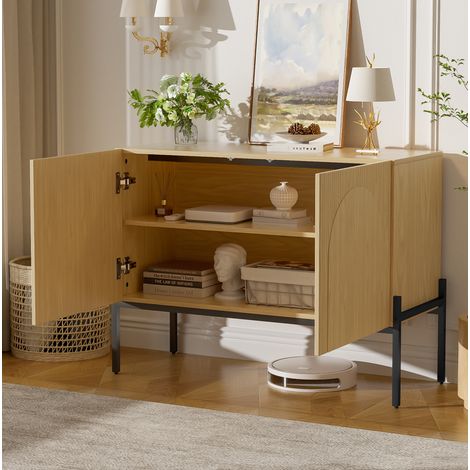 Sideboard (100x40x75 cm), Doppeltüren, bogenförmige Rillen, Metallbeine, Spanplatte, Natur (1/5)