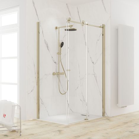 Schulte – Porte de douche coulissante avec paroi fixe 120 x 90 x 200 cm – Verre 8 mm – Profilé doré mat – Ouverture réversible à gauche ou droite