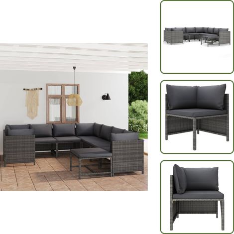 9-tlg. Garten-Lounge-Set mit Kissen Poly Rattan Grau - Gartengeräte - Loungemöbel - Gartenloungeset - Outdoormöbel - Rattanmöbel (1/5)