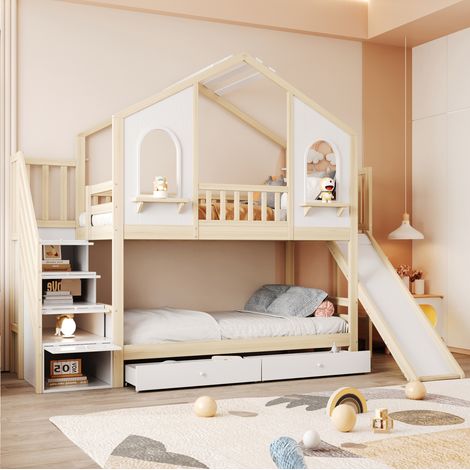 DESVIAE Lit superposé enfant maison avec toboggan et échelle de rangement 90 x 200 cm avec tiroirs et étagères bois naturel et blanc (1/4)