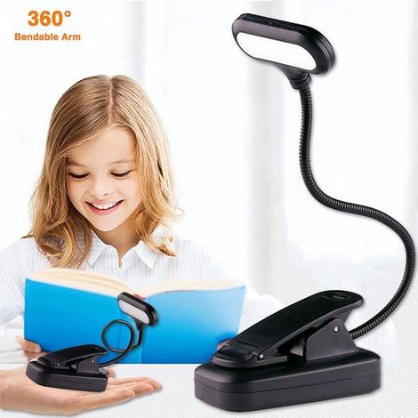 Lampe de lecture noire, modèle à pince, fonctionne sur piles, idéale pour lire au lit le soir, lumière blanche froide. (1/5)