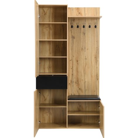 Mobile ingresso con specchio, panca, scarpiera e 5 ganci 98,5x38x191 cm in MDF HOMVRA (1/5)