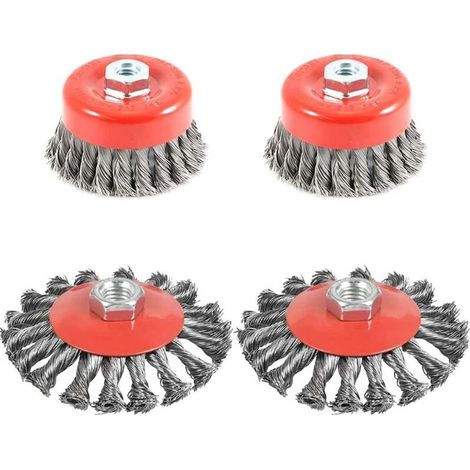4pcs Brosse Métallique Nettoyage, Brosse Conique pour Meuleuse d'angle, Brosse de Ponçage en acier Torsadé, Diamètre de 75 mm et 100 mm, M14 (1/5)