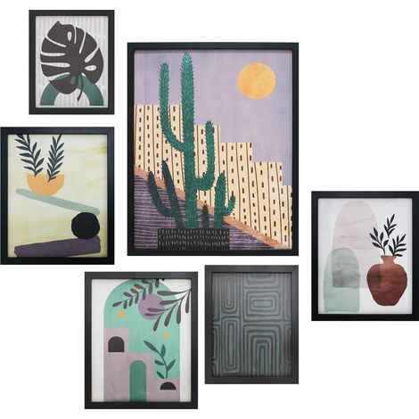 Conjunto de 6 lienzos enmarcados, en tonos verdes, violetas y negros 50x40cm 30x25cm (1/5)