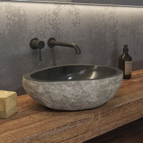Lavabo bagno in pietra fiume grezza naturale 40-45 x 15 cm da appoggio per mensoloni bagno "RIVER STONE NRS3 GREY" (1/4)