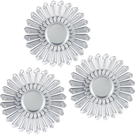 Miroir soleil, Lot de 3, décoration murale, Avec suspension, Cadre plastique, Ø, 25 cm, argenté, PP, verre, 25 x 25 x 2 cm (1/5)