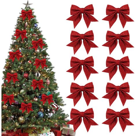 10 Lazos Navideños con Brillantina, Lazos Navideños Pequeños, Lazos con Brillantina para Coronas, Guirnaldas y Decoraciones de Árbol de Navidad, Rojos (1/5)