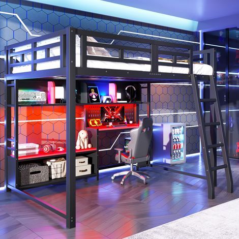 Letto a soppalco gaming 208x146x170 cm, scrivania integrata, LED RGB, ripiani laterali, MDF e metallo nero (1/5)