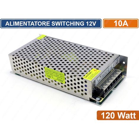 ALIMENTATORE METALLICO STABILIZZATO SWITCHING CON TRIMMER 220V-12V 10A 120 WATT PER ILLUMINAZIONE E SISTEMI DI VIDEOSORVEGLIANZA CCTV