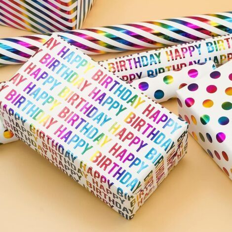 3 rotoli di carta da regalo colorata 43 cm x 3 m, carta da regalo multicolore (pois/diagonali/Buon compleanno) (1/3)