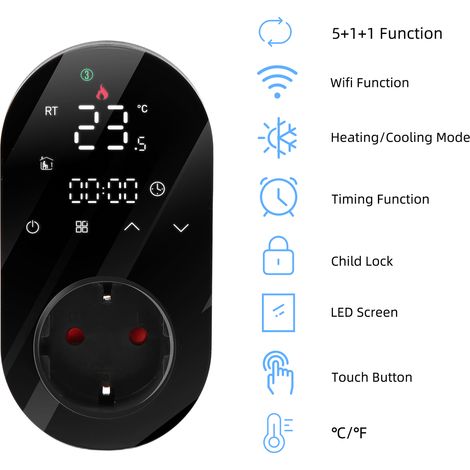 Thermostat prise programmable - WiFi Tuya contrôle par application - écran tactile - 5+1+1 jours - pour maison - 16A - chauffage & refroidissement (1/5)