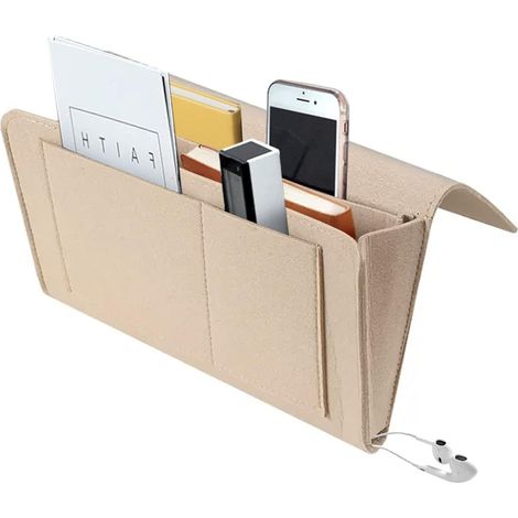 Poche de Lit Feutre Organisateur De Chevet Canapé Accoudoirs Organiseur de Rangement pour Lunnettes,Téléphone, Télécommande, Tablette, Livre (beige) (1/5)
