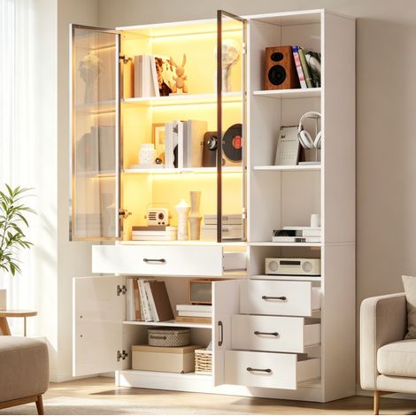 Armario vitrina con LED y 4 cajones 120x35x200 cm OKMYHOME (1/5)