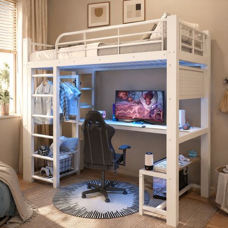 Lit mezzanine enfant 90x200 cm en métal blanc, avec rangement gain de place pour chambre FloraGrace (1/5)