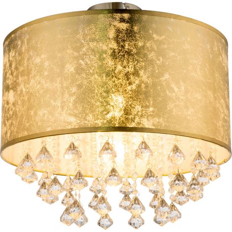 Globo – Plafonnier LED 30 cm – Abat-jour en tissu feuille d'or – Cristaux acryliques – Douille E27 max 40W – 15187D3S (1/6)