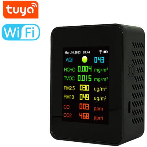 Pair - Testeur de qualité de l'air portable Tuya Wifi 7 en 1 : PM2.5, PM10, oxyde de carbone, CO2, COVT, HCHO, IQA. Écran couleur TFT, détecteur de dioxyde de carbone avec affichage de l'heure et de l (1/5)