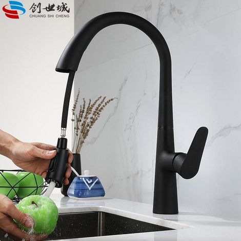 Gunmetal gray pull-out kitchen faucet, household pressure boosting universal faucet for dishwashing and vegetable washing basins, hot and cold water splash-proof faucet - stainless steel black model w