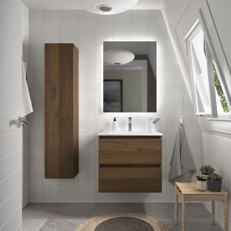 Cygnus Bath – Meuble de salle de bain 60cm – Noyer – Vasque en porcelaine blanche résistante aux rayures – Tiroirs à fermeture amortie – Finition facile à nettoyer (1/5)