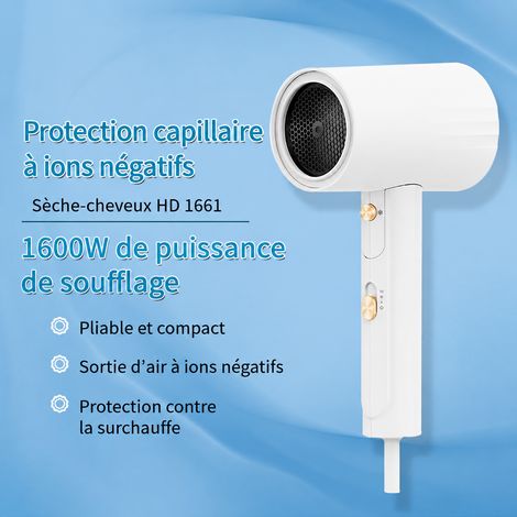 Sèche-Cheveux Pliable 1600W à Technologie Ionique Séchage Rapide Air Chaud et Froid Moteur DC 800 g – Livraison gratuite (1/5)