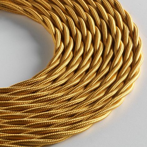 Klartext - Cavo tessile trecciato LUMIÈRE per illuminazione, 3x0,75mm, Oro, 5mt.Attenzione: cavo terra incluso Massima sicurezza anti scossa (1/4)