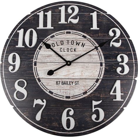 Horloge murale décorative en bois noir style campagne pour salon et chambre Ø 59 x 5 cm - PANGIVO (1/2)