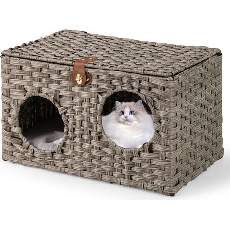 COSTWAY Cuccia per Gatti in Rattan 60 x 35 x 35 cm, Casetta per Gatti con Cuscino Morbido Rimovibile e Coperchio Bloccabile, Comodino per Animali Domestici per Soggiorno e Camera da Letto (1/5)