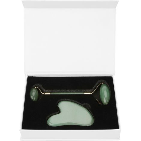Rouleau facial double tête en jade vert naturel aventurine & plaque de grattage pour massage du visage - Kit complet (1/5)