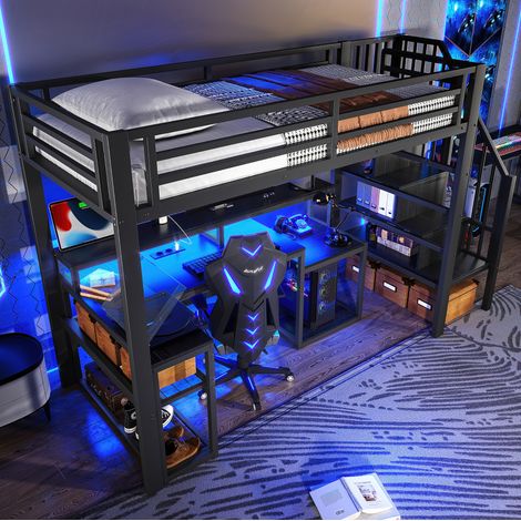 Cama alta con escritorio y almacenaje LED negra OKMYHOME (1/5)