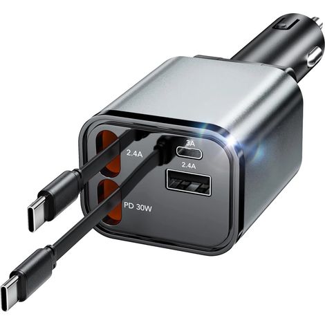 Adaptateur de chargeur de voiture rétractable 4 en 1, chargeur de téléphone de voiture à charge rapide, 69 W USB-C, accessoire de voiture, cadeau idéal pour hommes et femmes en voyage. (1/5)