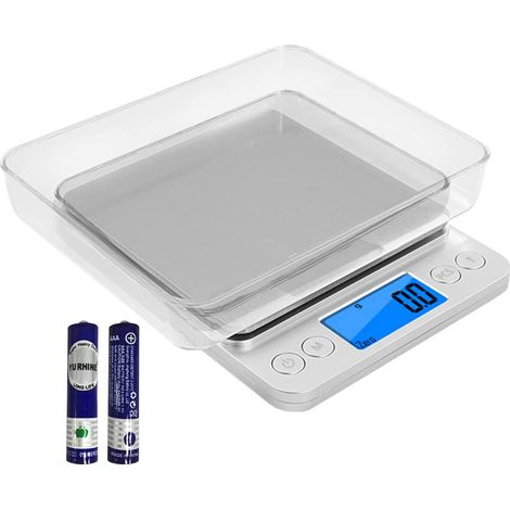 Báscula de cocina de 0,1 g, minibáscula digital, báscula de precisión, báscula electrónica portátil, báscula para alimentos, báscula para joyas, báscula de bolsillo, 2 bandejas, pilas incluidas