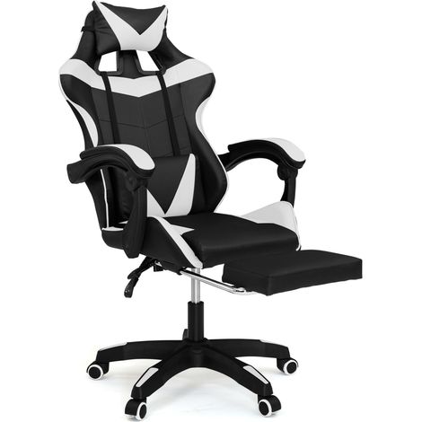 Idmarket – Fauteuil gaming réglable noir et blanc – Repose-pied télescopique – Dossier inclinable 135° – Coussins ajustables pour confort