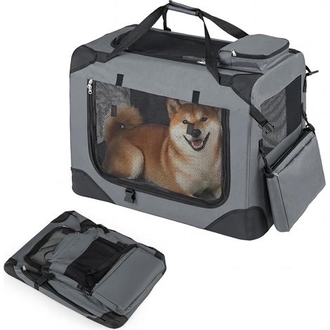 Sac Transport Chien Chat Plible, Tissu Oxford, Maille Ventilée, Caisse Transport Chien,Coussin Amovible,Animaux Jusqu'à 16 kg,72x52,5x52,5cm, Gris (1/5)