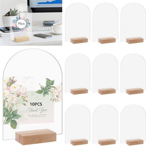 Lot de 10 Marque-Place Mariage Acrylique Transparent - 12,5 x 17,5 cm Numéro de Table de Mariage Arche avec Socle en Bois - Panneau de Table Réutilisable pour Réception, Banquet et Événement (1/5)