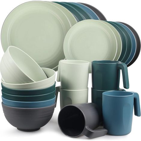 Ensemble de vaisselle en plastique incassable (24 pièces) des assiettes, des bols, des tasses, adaptés à 6 personnes, enfants et adultes sont applicables, peuvent être réutilisés (1/5)