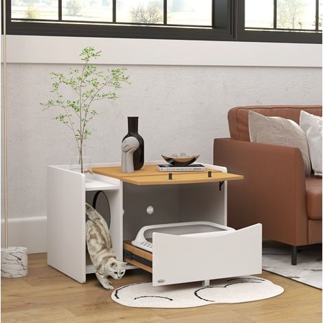 Mueble arenero para gato con cajón extraíble, 78 x 50 x 51 cm, blanco y roble OKMYHOME (1/5)