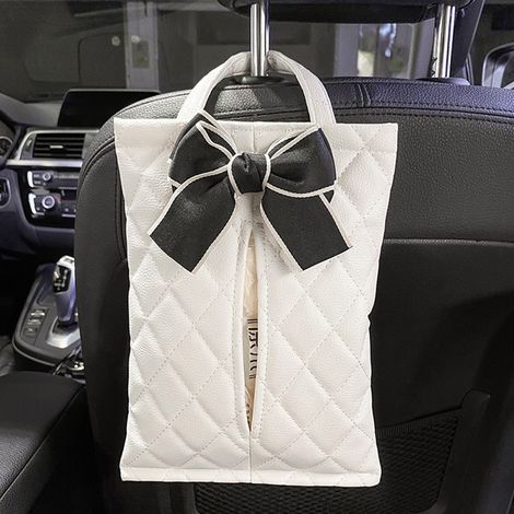 Boîte à mouchoirs suspendue pour voiture, joli nœud blanc, imperméable, pratique pour tous véhicules, pochette de papier élégante. (1/5)