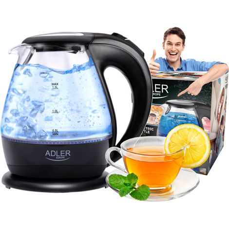 Adler AD 1224 Hervidor Agua Eléctrico 1,5 Litros Jarra Cristal Inalámbrica Retroiluminada, Apagado Automático 2200W Negro (1/5)
