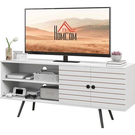 Meuble TV 65 pouces, 2 compartiments ouverts, étagère réglable, 145x38x65 cm, Blanc