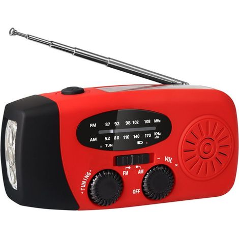 Radio portable AM/FM/NOAA à énergie solaire avec 3 lampes torches LED intégrées et un chargeur de téléphone portable. Rouge. (1/5)