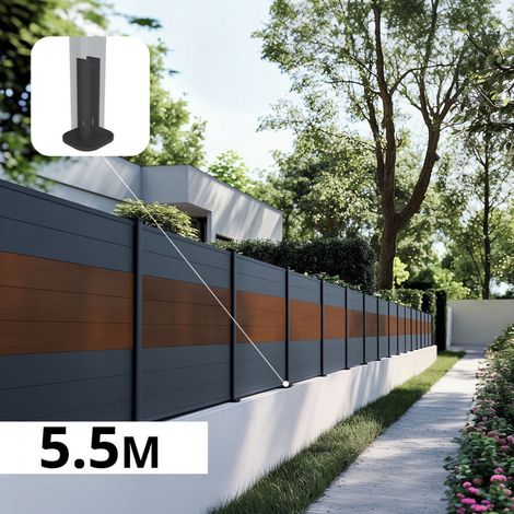 Kit Clôture Aluminium BAHIA & CRUZ Teck 5,5x1,2m - Bois Composite & Aluminium - Poteaux Gris - Brise Vue - Palissade