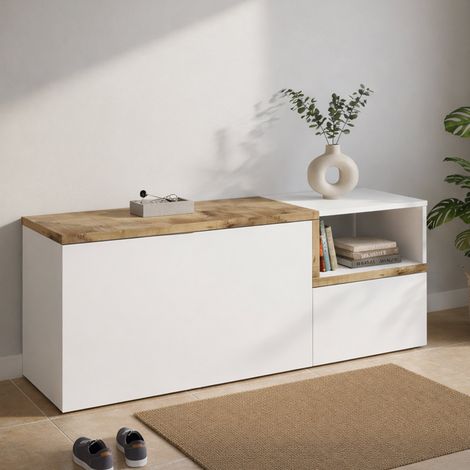 Dmora Mueble de entrada, Made in Italy, Módulo modular, Banco con 2 puertas, 120x40h54 cm, color blanco brillante y arce, con embalaje reforzado (1/4)