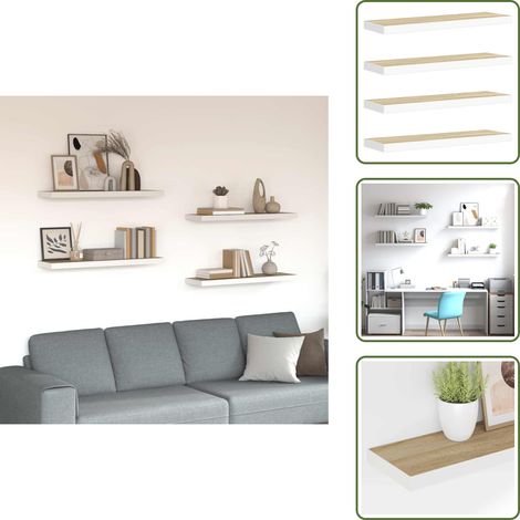 Étagères flottantes 4 pcs Chêne et blanc 90x23,5x3,8 cm MDF - Étagères Murales - Étagères Flottantes - Décoration Murale - Rangement Mural - Meubles Déco