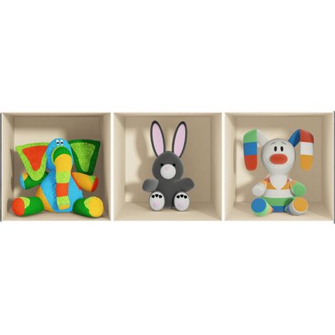 Sticker effet 3D jouets Éléphant, lapin gris et lapin en couleurs 30 x 90 cm (1/2)