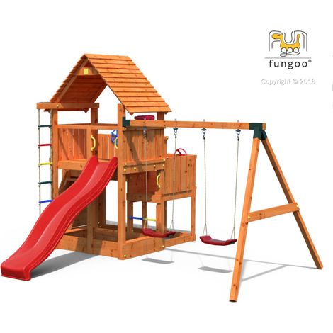 Fungoo Spielturm "Big Leader Move Red", teak, mit Doppelschaukel, Rutsche, Kletterwand, Holzdach und Sandkasten
