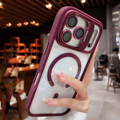 (iPhone 16 Pro, bordeaux) Coque magnétique transparente, support en acrylique, lentille en verre