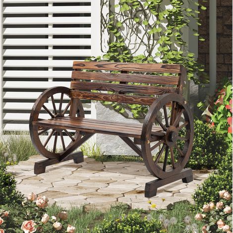 Gartenbank 2-Sitzer mit Wagenrad-Armlehnen Holz Braun OKMYHOME (1/4)