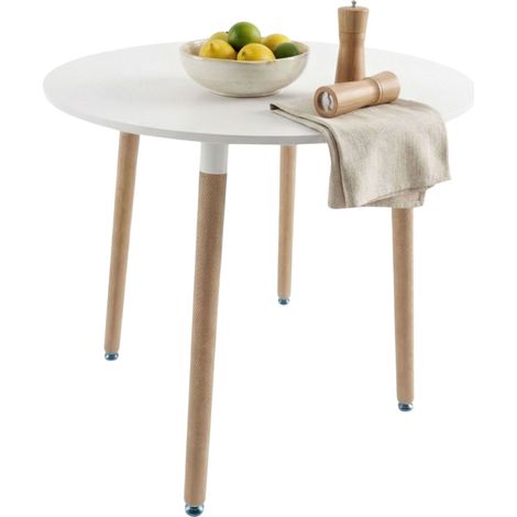 Mesa de Cocina Fija Copi Redonda, Mesa Comedor Melamina Blanco Mate y Roble 80x75x80 cm