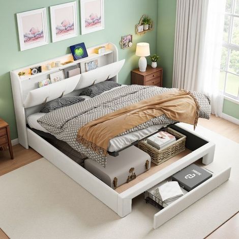 Bett 160x200 cm mit Stauraum, LED-Beleuchtung und USB-Anschluss, Doppelbett 160x200 cm aus Samt, 1 Schublade, Lattenrost inklusive (1/5)